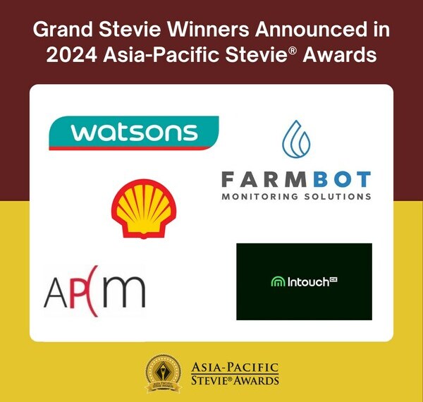 The prestigious Grand ("best of show") Stevie Award trophy has been given to five winning organizations in the 2024 Asia-Pacific Stevie® Awards. Watsons of Hong Kong was the most honored Grand Stevie Award winner, and the Grand Stevie Award winners with the highest-scoring nominations from the four markets with the most nominations in the competition are Farmbot Monitoring Solutions, Beijing apm, IntouchCX, and Shell companies in the Philippines (SciP).