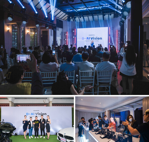 Three images from the DDPAI Launch Event in Bangkok: an indoor presentation with an audience, a group posing with a car and motorcycle, and attendees viewing product displays.