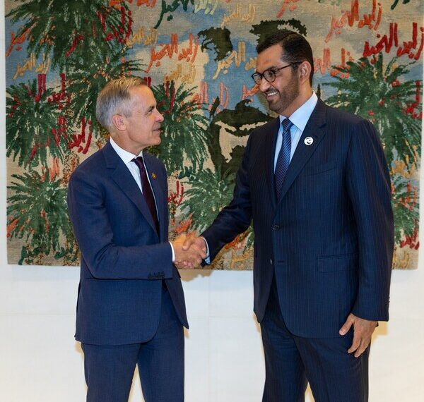 Dr Sultan Al Jaber, UAE Minister of Industry and Advanced Technology, Chairman of Masdar and COP28 President, and Mark Carney, Chair and Head of Transition Investing at Brookfield, meet on the sidelines of the United Nations General Assembly, New York, to finalize Saeta deal.